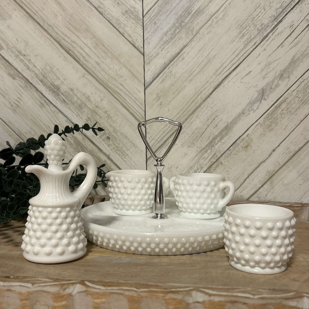 Fenton Hobnail Milk Glass Tea/Coffee Service 5 Piece Set VTG 1950s